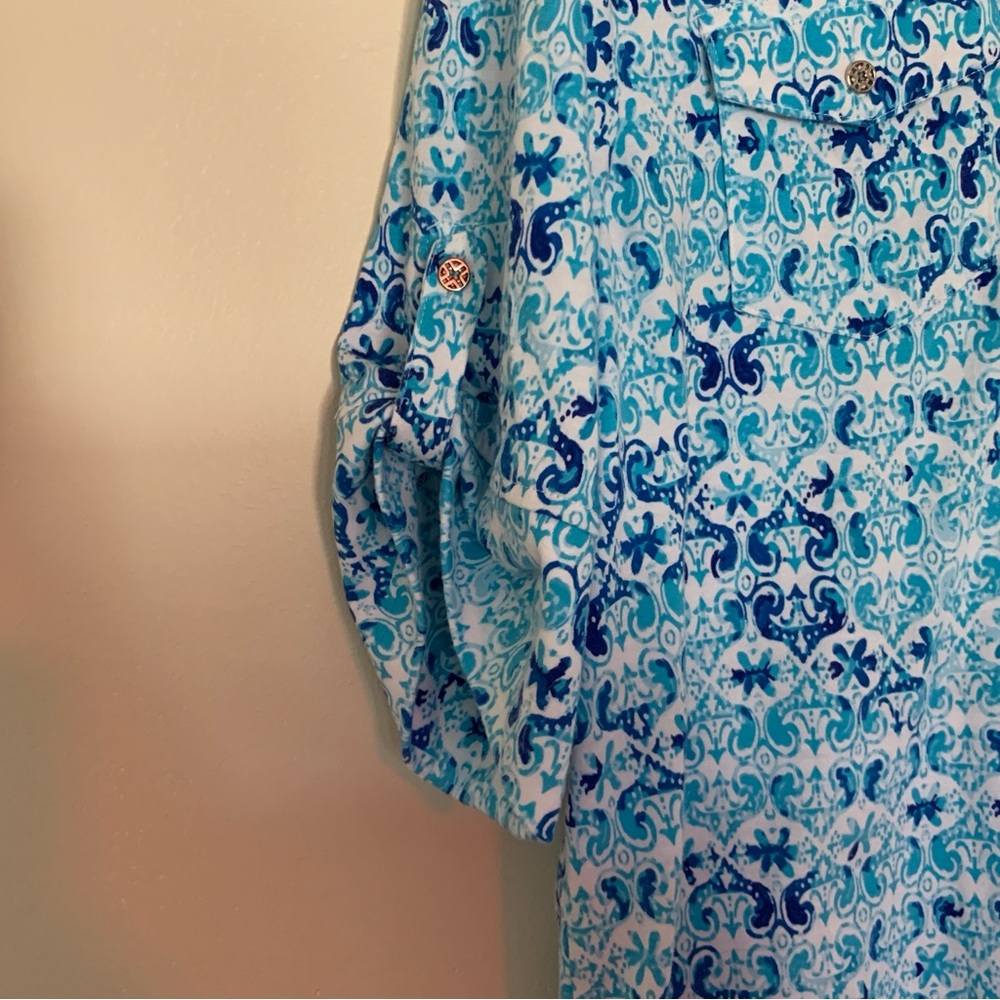 Women’s XL REBECCA MALONE White Blue Print Popover Tab-Up Sleeve‎ Blouse - Picture 2 of 5